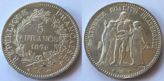 Moneta Francja 5 Franków 1874 srebro