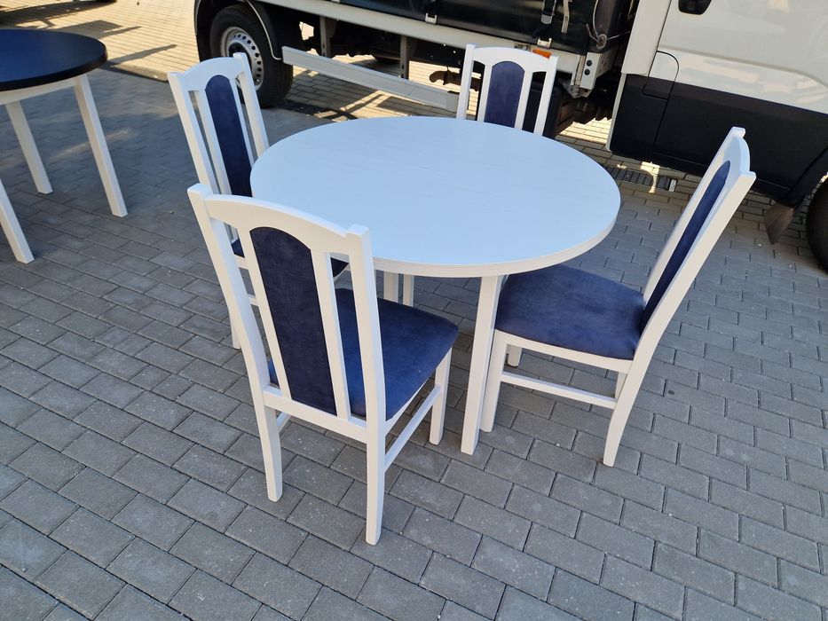 Nowe : Stół okrągły + 4 krzesła, biały + metaliczny granat, transPL