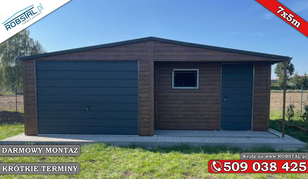 Garaż Blaszany 7x5m z Drewnopodobną Blachą i Dwuspadowym Dachem