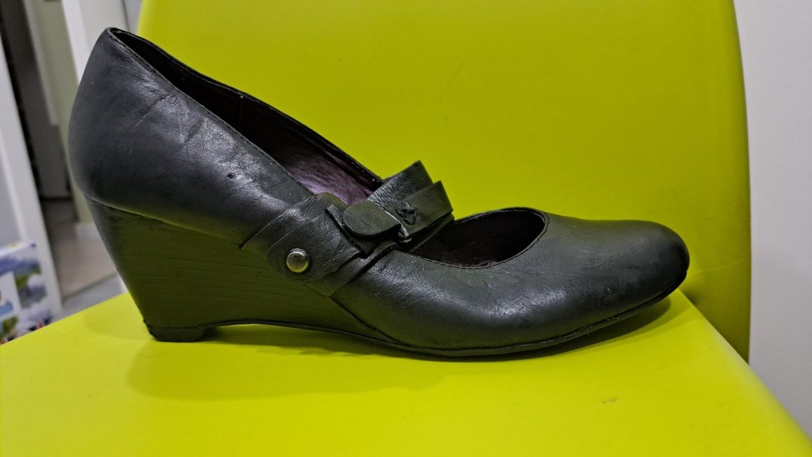 Półbuty, czarne, skóra, obcas 6.5 cm, Deichmann