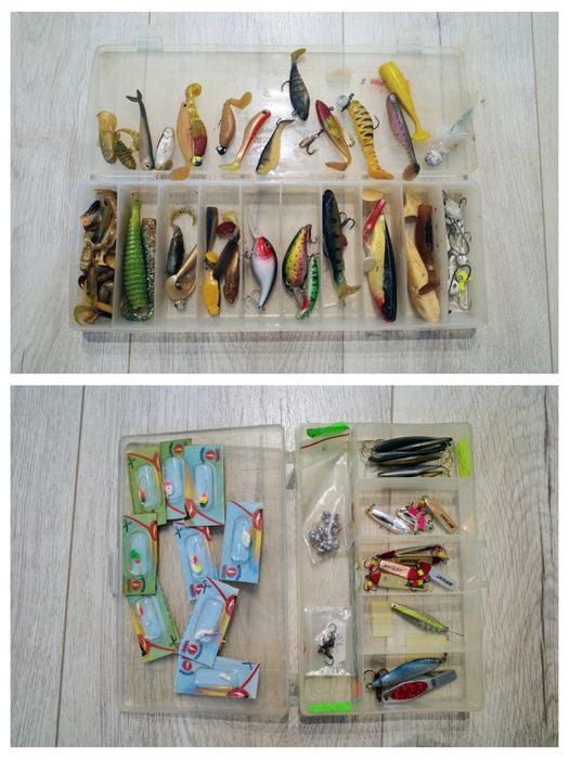 Zestaw wędkarski przynęty spławiki koszyki ciężarki akcesoria woblery