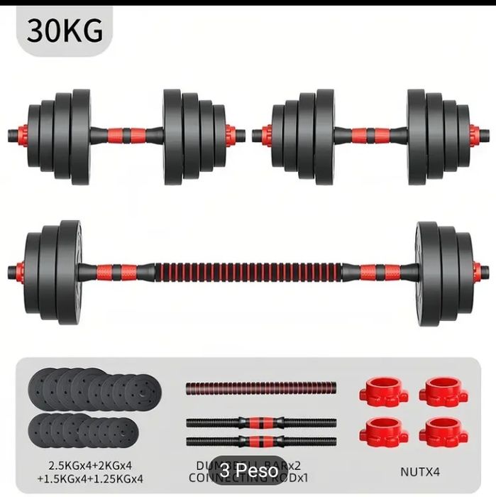 Conjunto alteres + barra para musculação com 30kg + prancha de flexão.