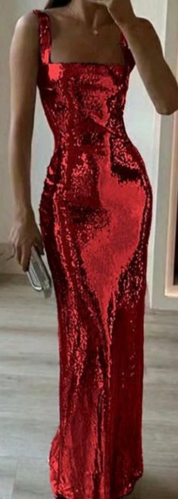 Piękna cekinowa sukienka czerwona długa maxi L