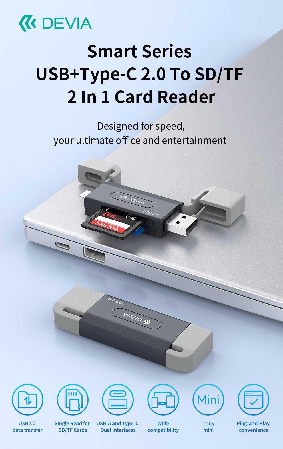 Czytnik Kart Pamięci Devia 2w1 USB/USB-C 2.0