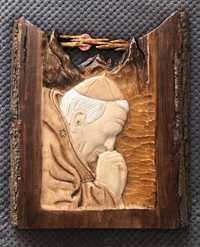 Płaskorzeźba drewniana, rzeźba "Jan Paweł II", rękodzieło, prezent