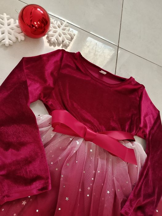 Sukienka świąteczna welurowa tiulowa czerwona 116