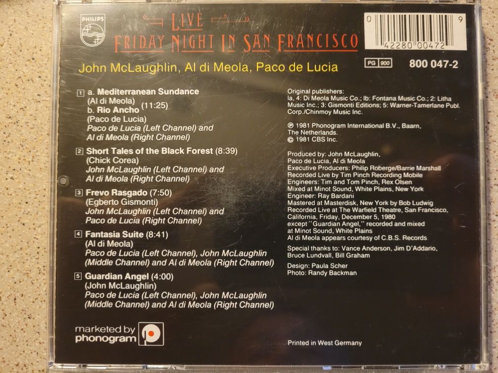 CD Al DiMeola,J.McLauglin,P.De Lucia Friday Night In SF Germany
