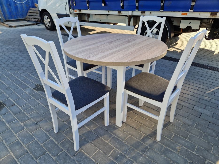 Nowe : Stół okrągły + 4 krzesła,  bialy/sonoma + grafit (krzyż)