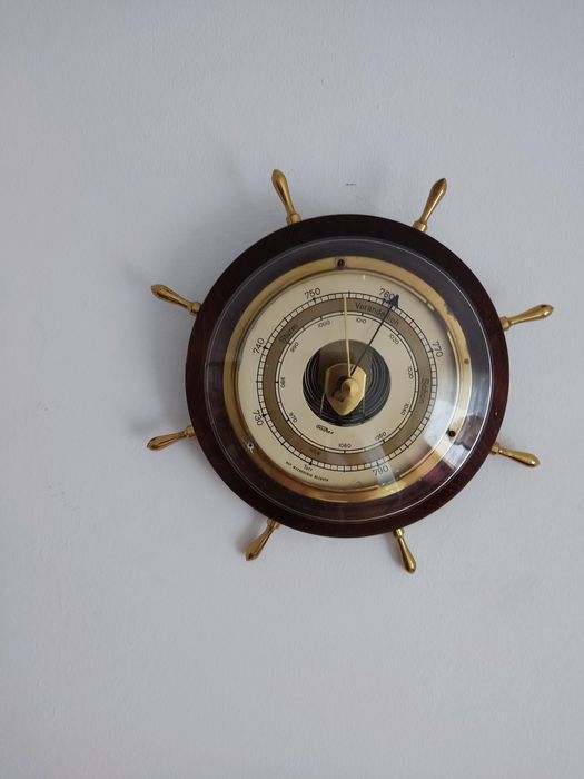 UNIKAT Barometr koło sterowe mosiądz mahoń jacht FISCHER NIEMCY