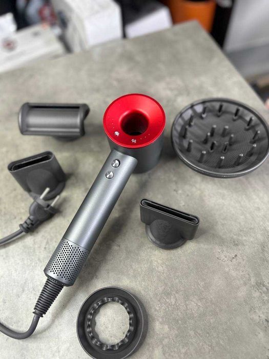 Фен Super Dyson, 5 насадок, колір сірий-червоний іонізація