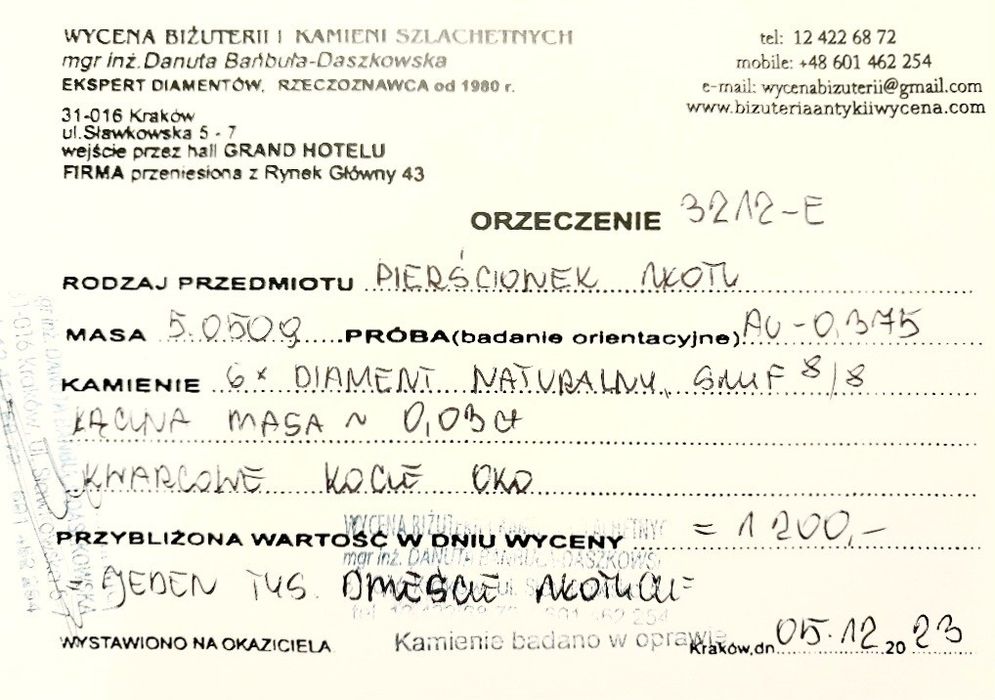 Pierścionek 5g Kocie Oko Złoto 9k Diamenty WYCENA