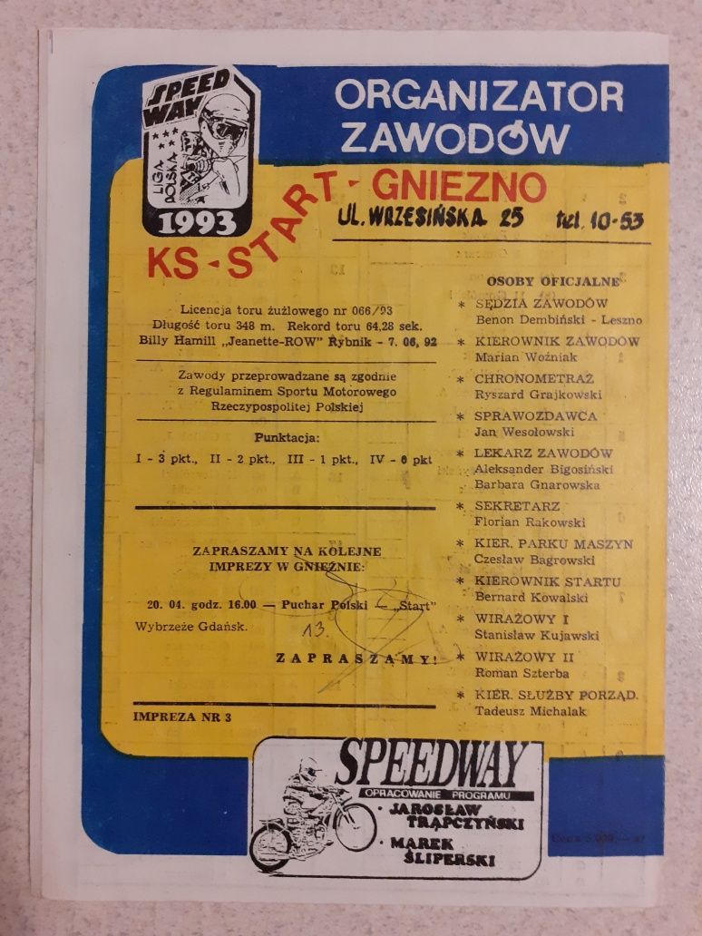 Program żużlowy Eliminacje Mistrzostw Polski Par Klubowych1993 Gniezno