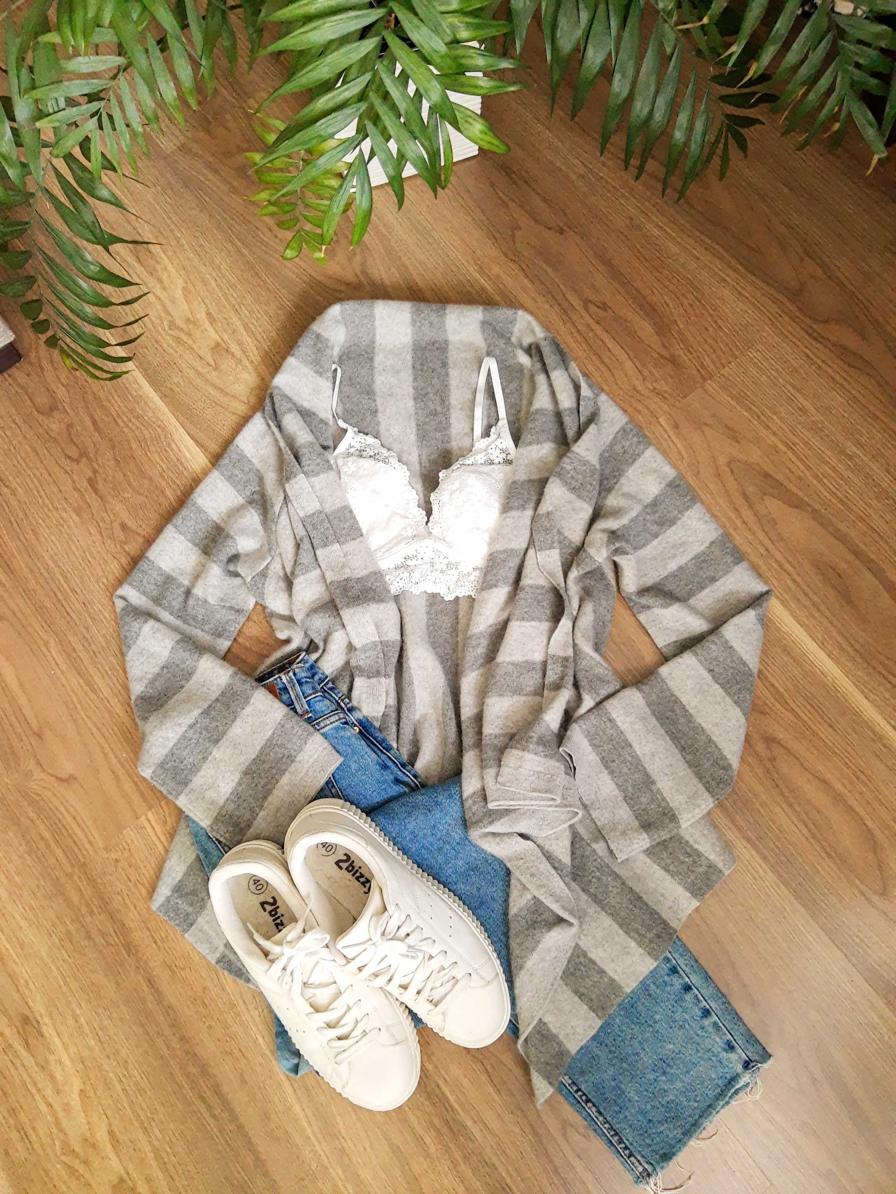 Kaszmirowy sweterek narzutka kardigan 100%kaszmir cashmere szary paski