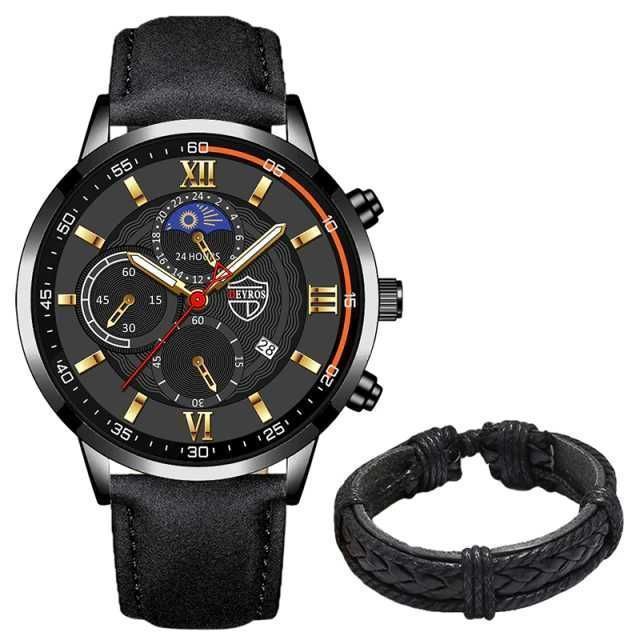 Conjunto de Relógio de Pulso Homem + Pulseira de Couro Quartzo Desport