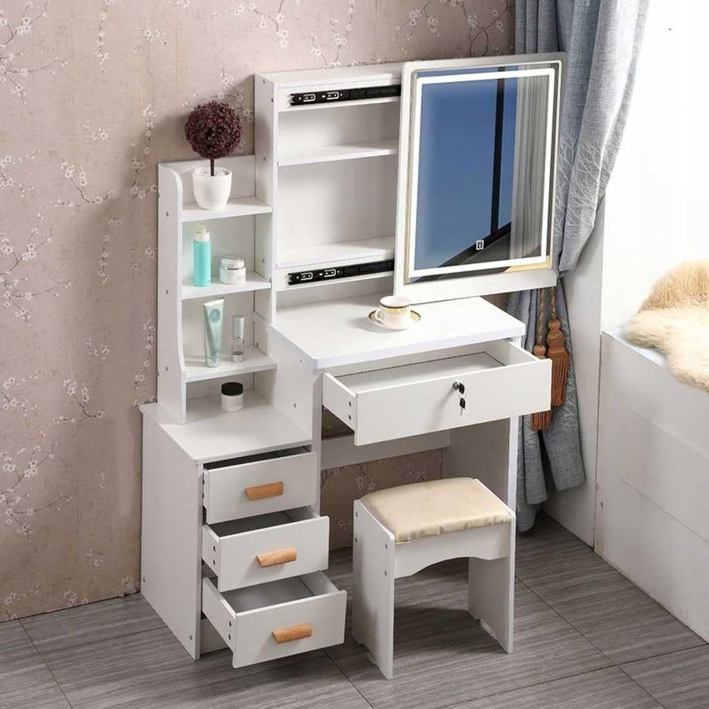Toaletka do makijażu LED z lustrem + Taboret Kosmetyczka do Wizażu