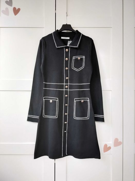 Sukienka sweter dzianina na zimę złote guziki 100% wiskoza trapez 38 M