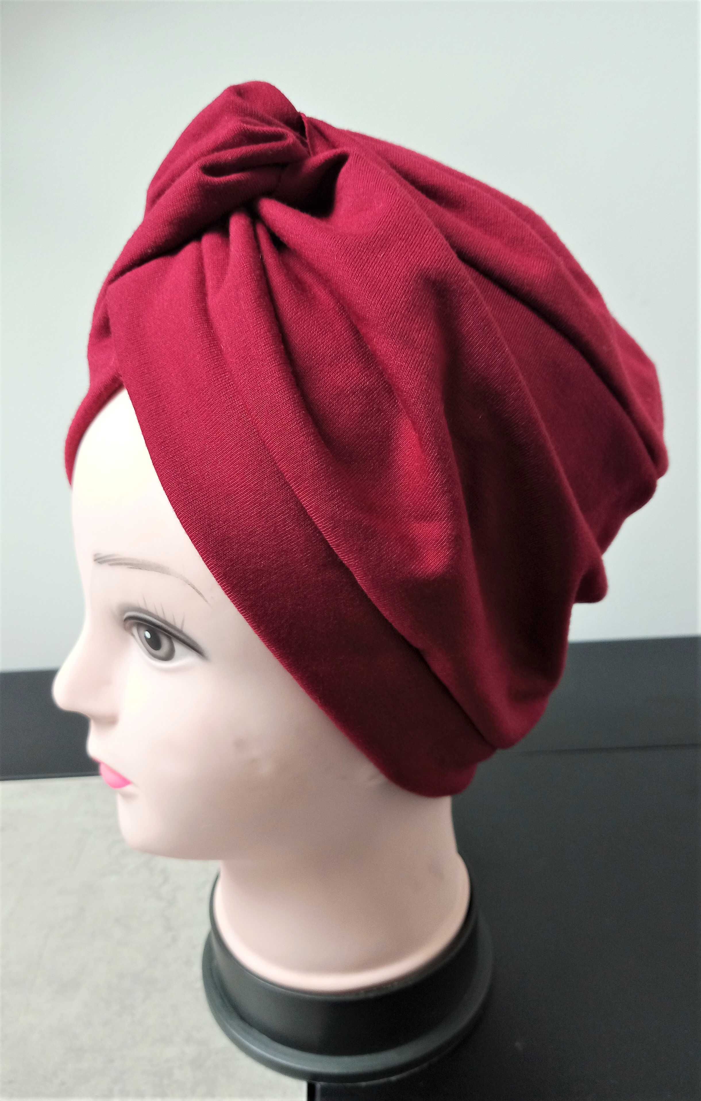 Czapka turban wiosenny damski bordowy czerwony handmade rozmiar 52