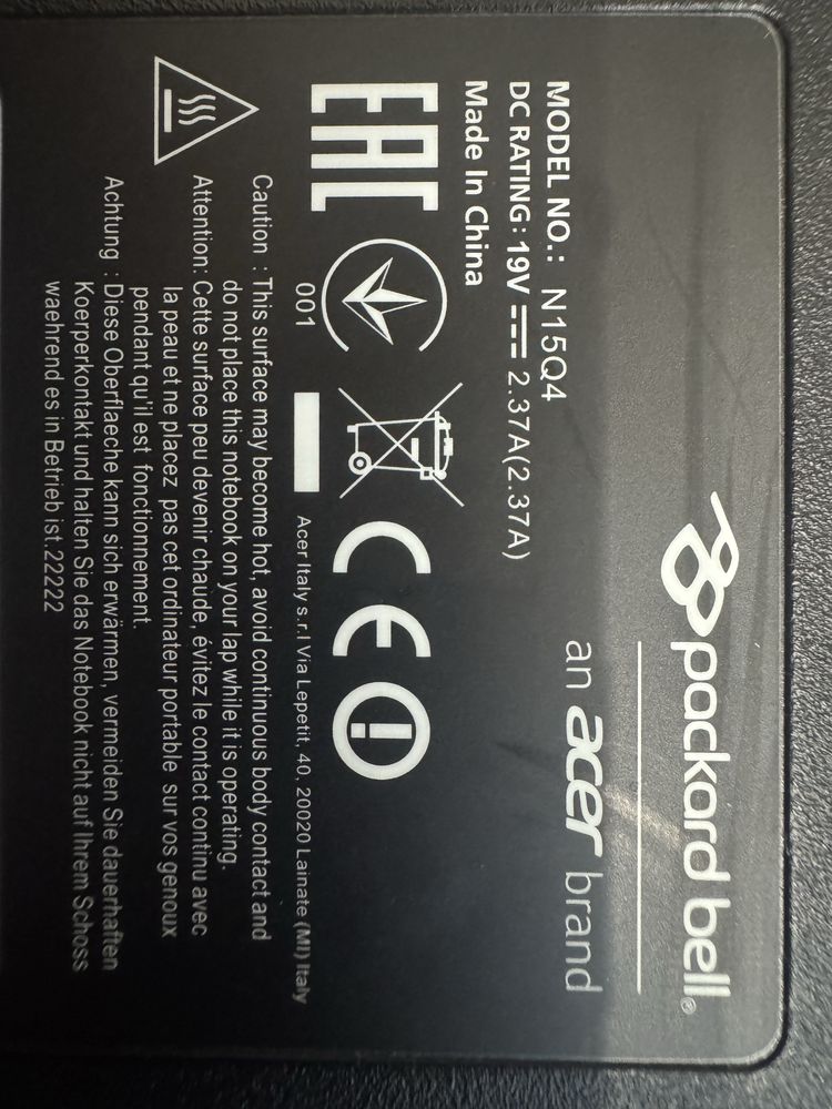 Ноутбук Packard bell, 17.3 HD, Intel (R) Celeron CPU N3050, 1.60 GHz