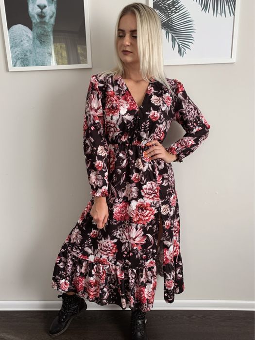 Sukienka w kwiaty midi maxi na guziki długi rękaw wiosenna boho luźna