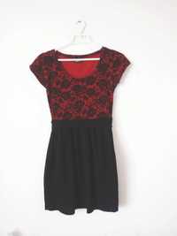 Czerwono-czarna sukienka z koronkowym wzorem gothic alternative 34 XS