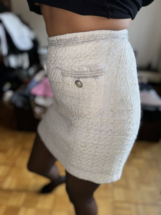 Zara tweedowa mini spódnica grubsza perły ozdobne wysoki stan