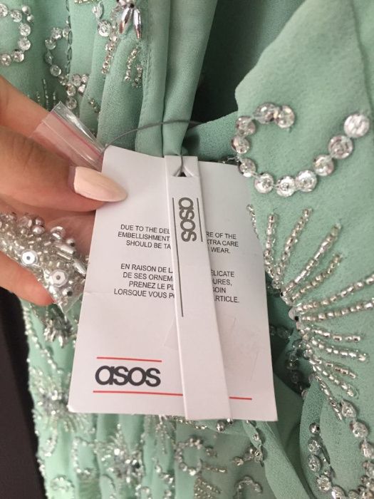 Sukienka wesele elegancka midi Asos turkusowa zielona zdobiona 38