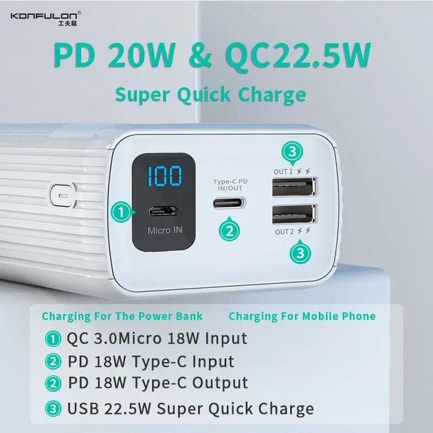 50 mAh Повербанк (PowerBank) Konfulon A24Q 22.5W 50000 mAh, швидка зар