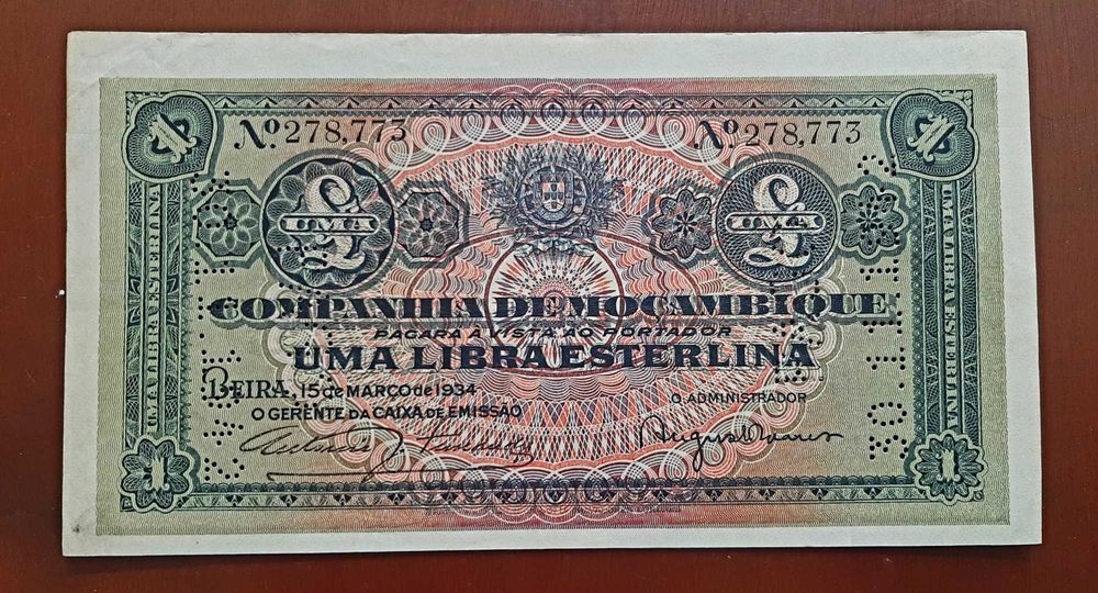 Nota 1 Libra - Moçambique - 1934 já com 90 anos!