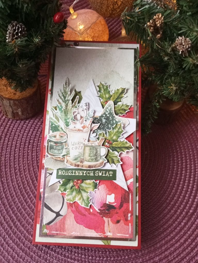 Kartka z miejscem na czekoladę i życzenia, czerwona, Boże Narodzenie