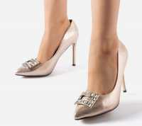 Nowe buty damskie szpilki złote beżowe cyrkoniami kryształkami 37