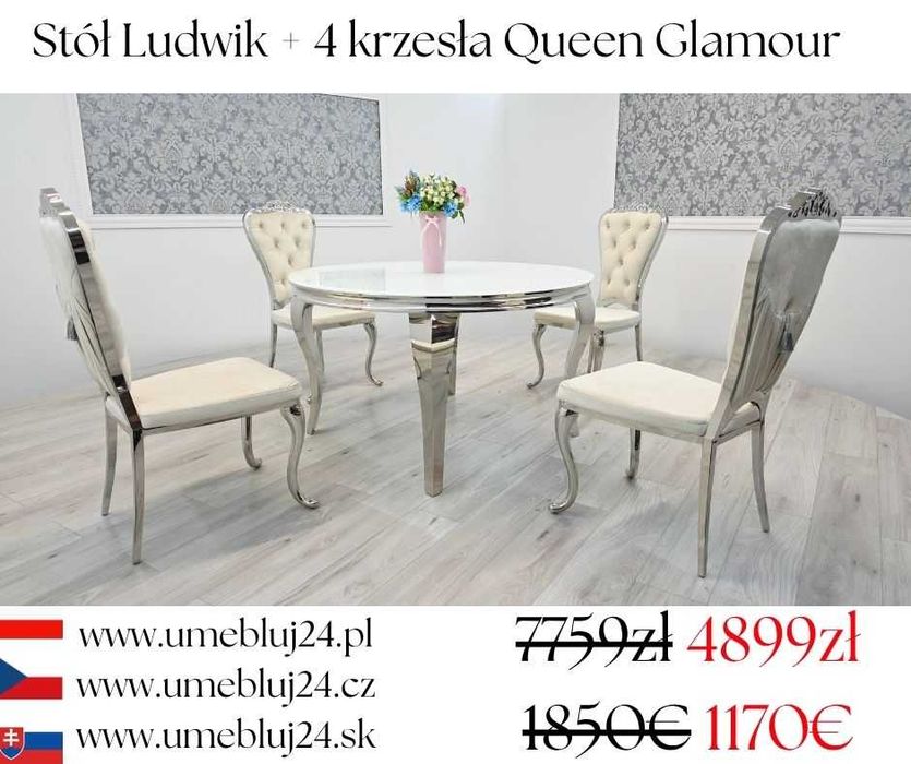 Jadalnia Glamour – Stół Ludwik + 4 Krzesła Queen