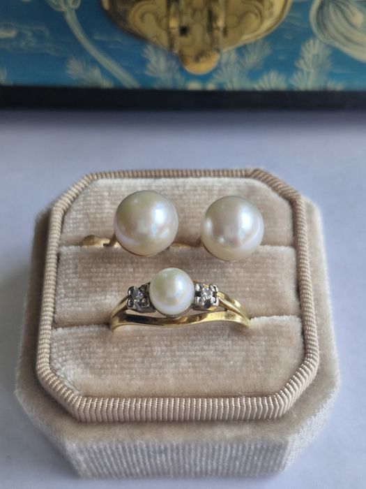 Retro pierścionek złoto 14 k perła diamenty R22 certyfikat