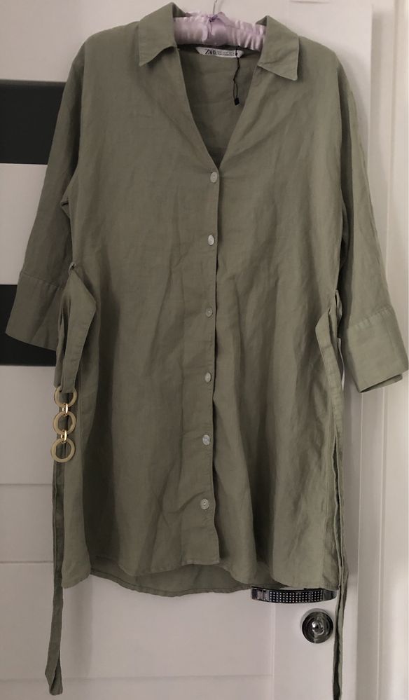 Zara lniana sukienka z paskiem rozmiar s khaki