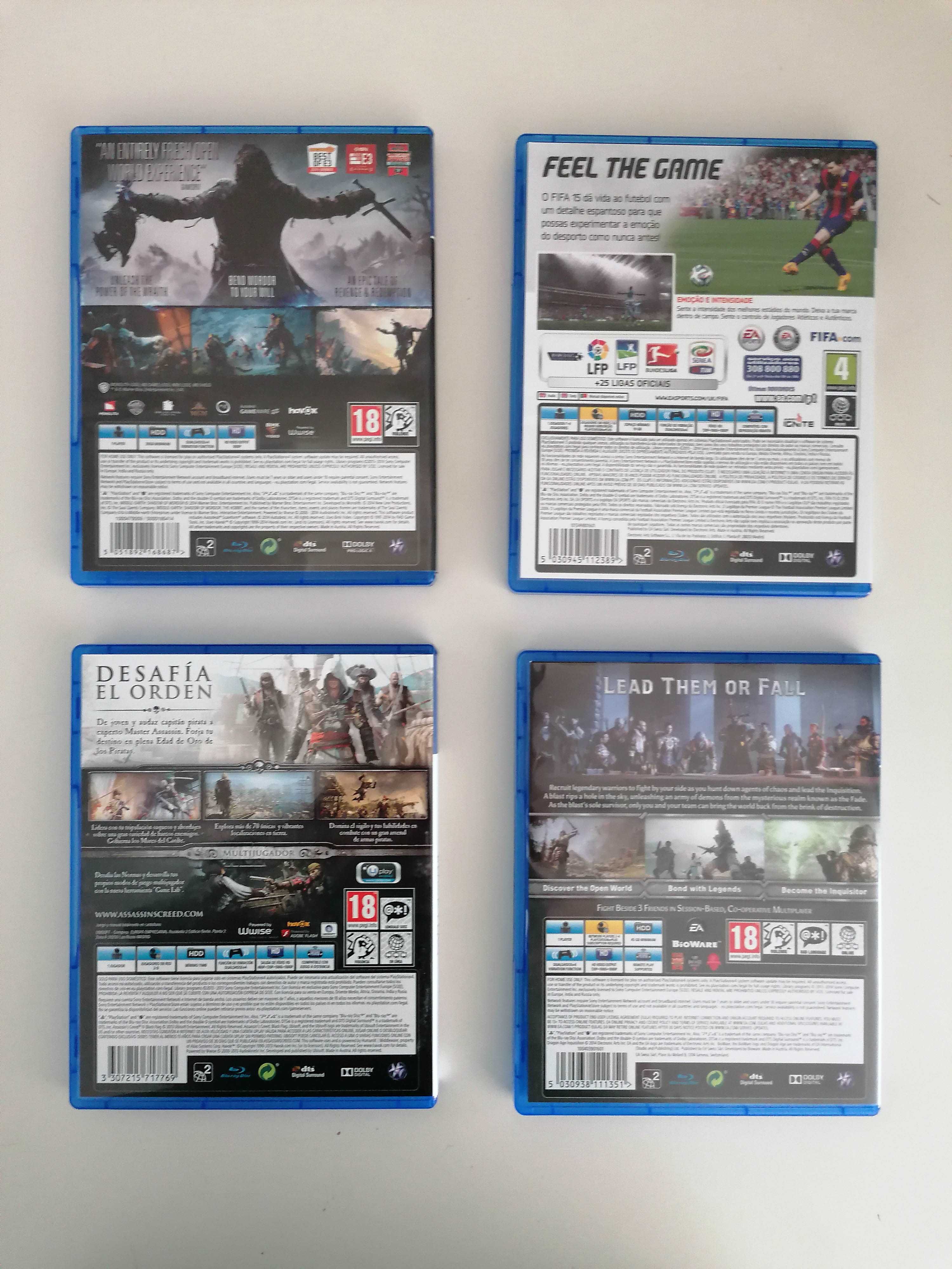 Jogos PS4 FIFA 15; Shadow of Mordor; Assassins Creed IV; Dragon Age