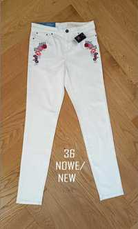 Nowe jeansy damskie skinny fit 36 białe medium waist haft