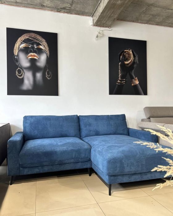 Кутовий нерозкладний диван,синій,з пуфом