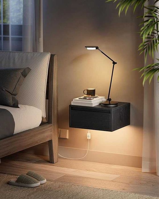 Stolik nocny wiszący zestaw 2 sztuk, lampa w 3 kolorach, wiszący regał