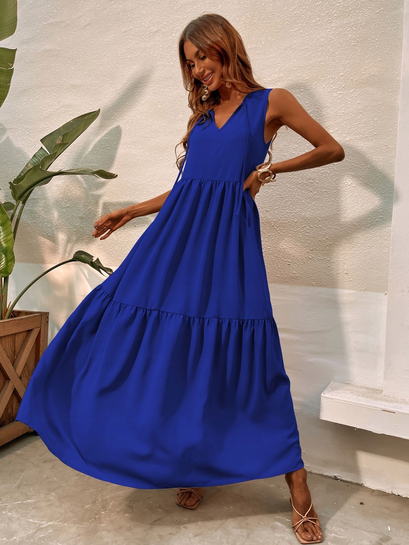 Sukienka Maxi Marsczona Długa Trapezowa Niebieska Shein L 40