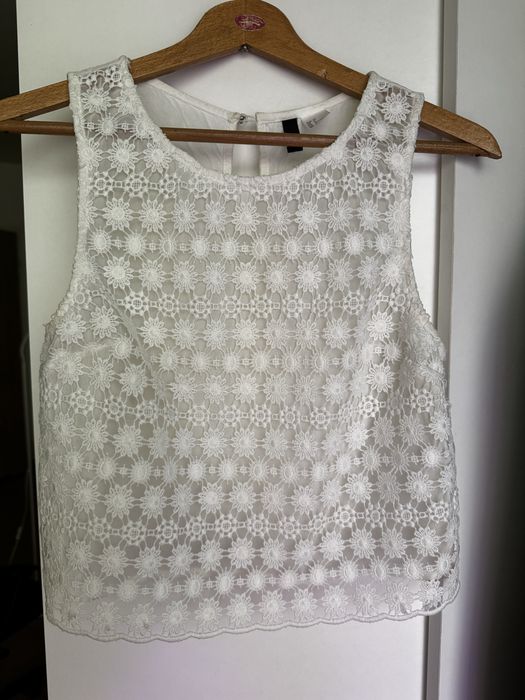 Biała bluzka elegancka ażurowa top kwiaty haftowane boho hippie XS