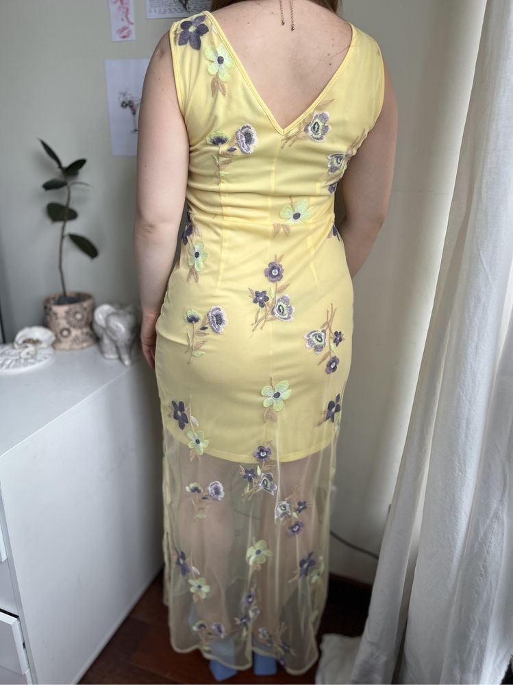 Wiosenna szyfonowa letnia żółta sukienka w kwiaty yessica 38