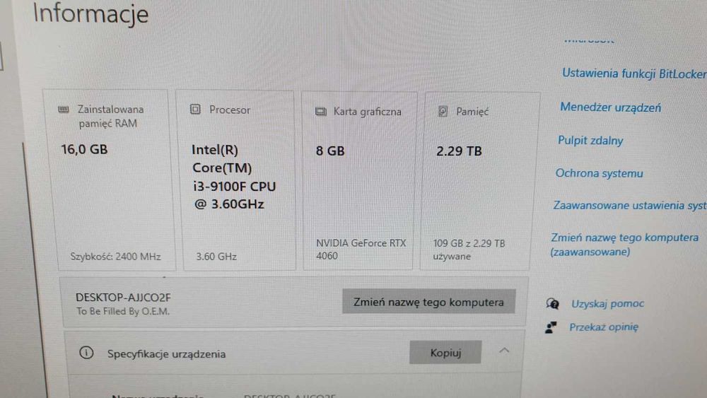 Komputer stacjonarny i3-9100F Ram 16GB RTX 4060 SSD 512GB