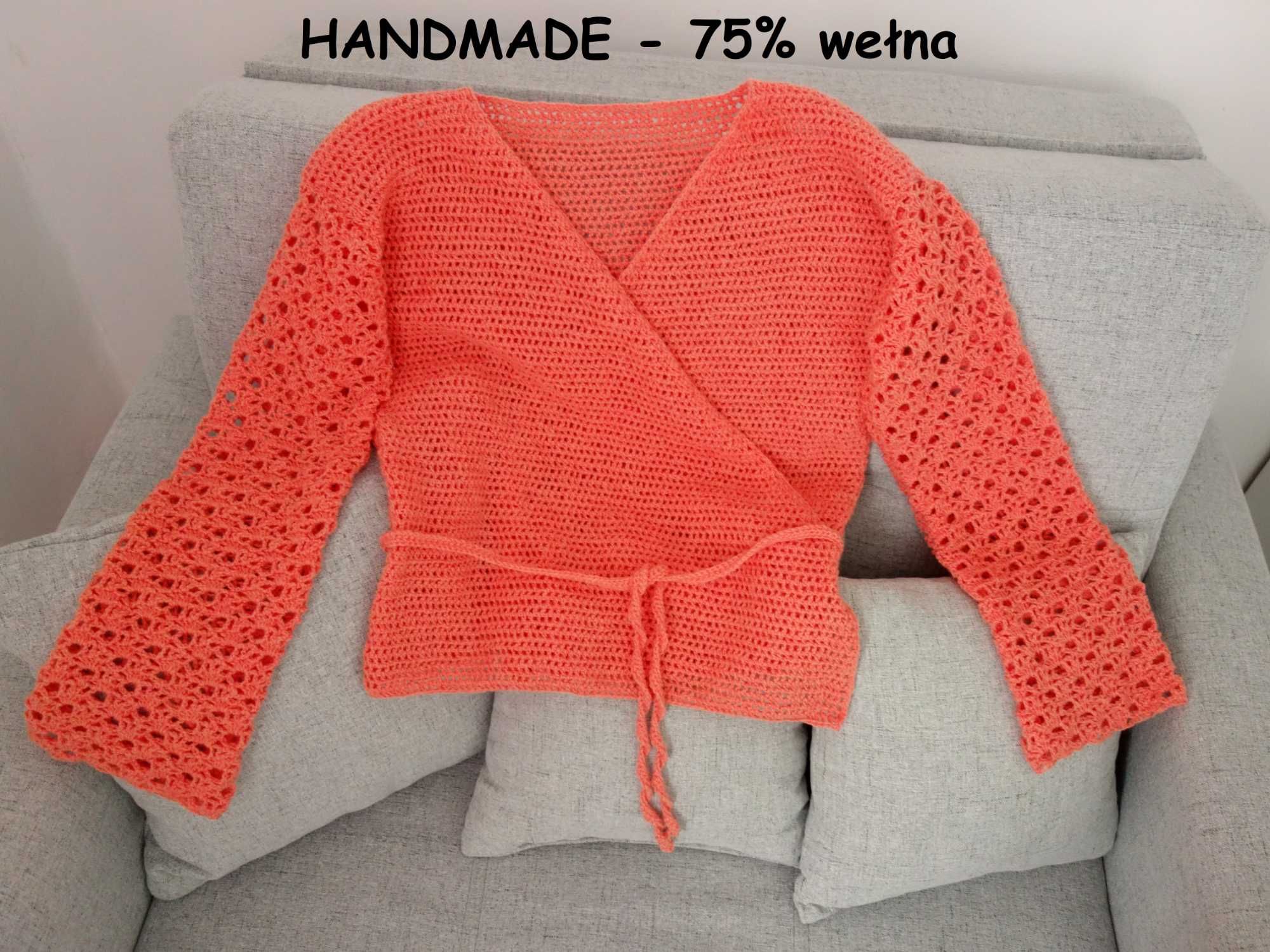 Nowy sweter szydełkowy kardigan wełniany handmade kopertowy wełna 38 M