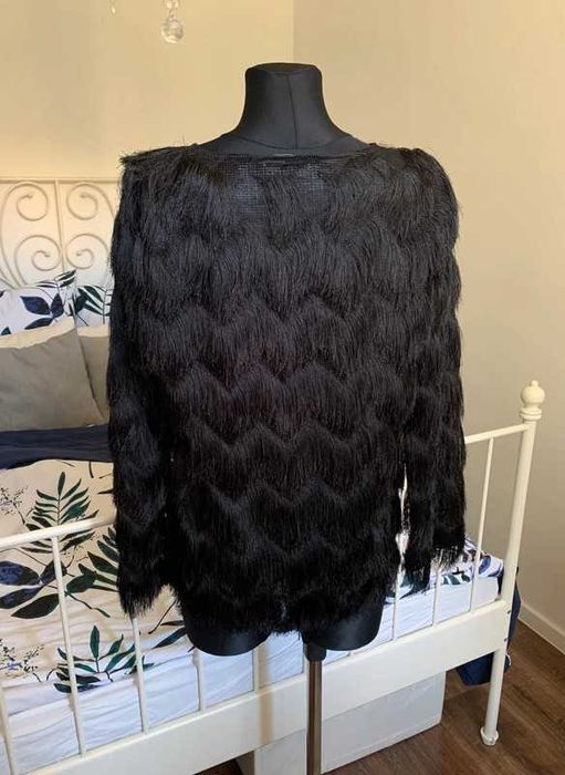 Mango czarna bluzka z frędzli z frędzlami 80s 20s retro M