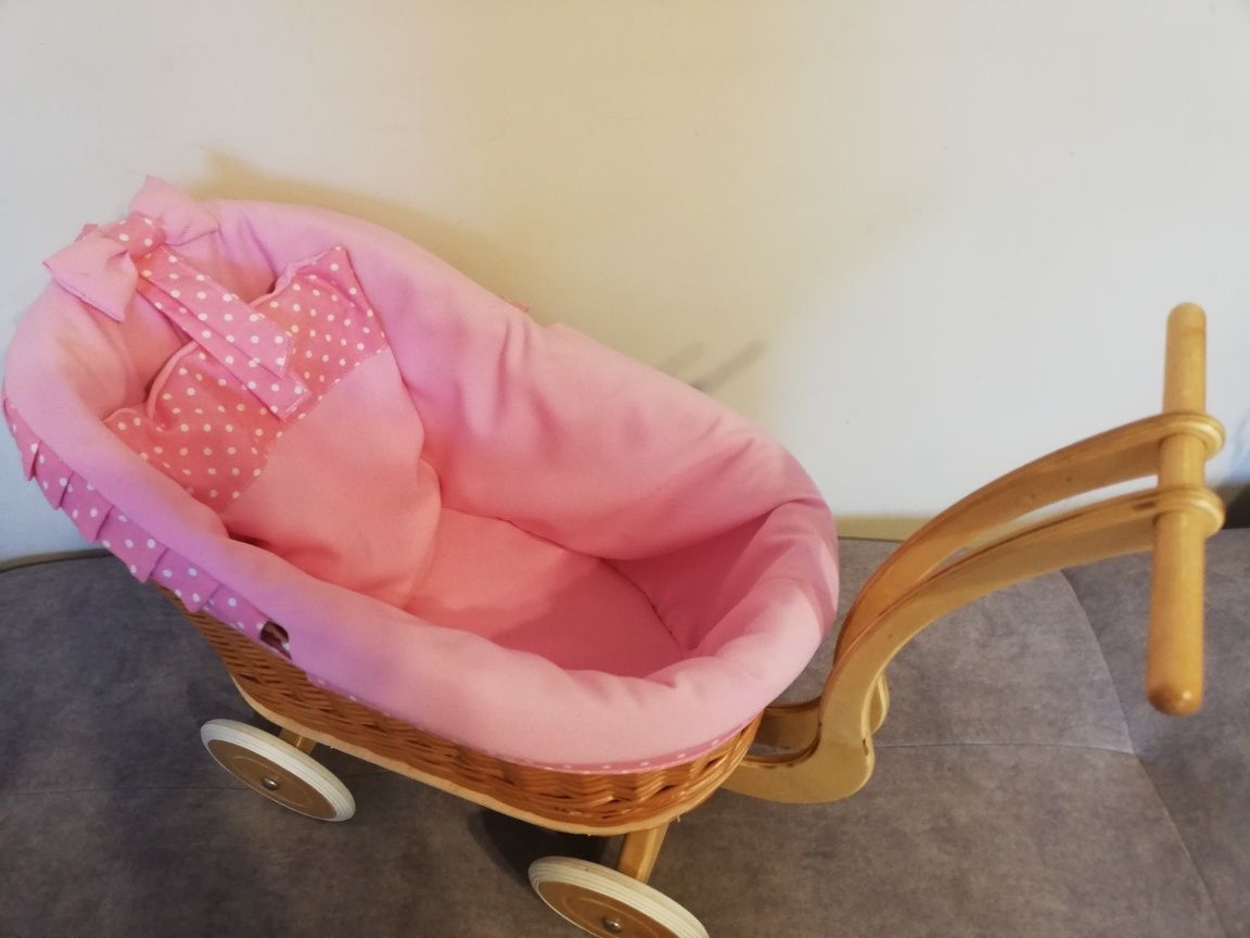 Wiklinowy wózek dla lalek natural retro z różową pościelą