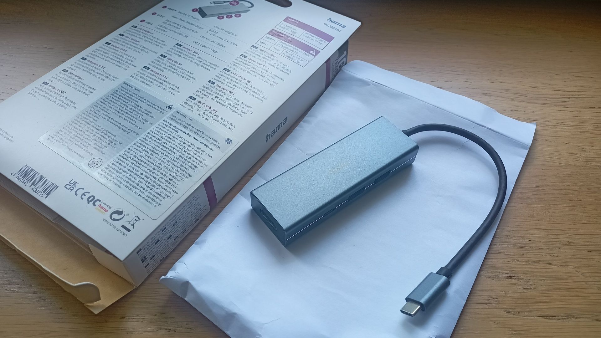 Adapter USB-C Multiport Hama + HDMI, USB-A, USB-C – jak nowy
Adapter U