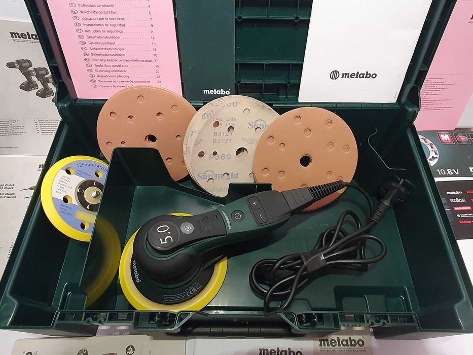 Duzy komplet narzedzi METABO SXE 150-5.0 szlifierka, papiery walizka