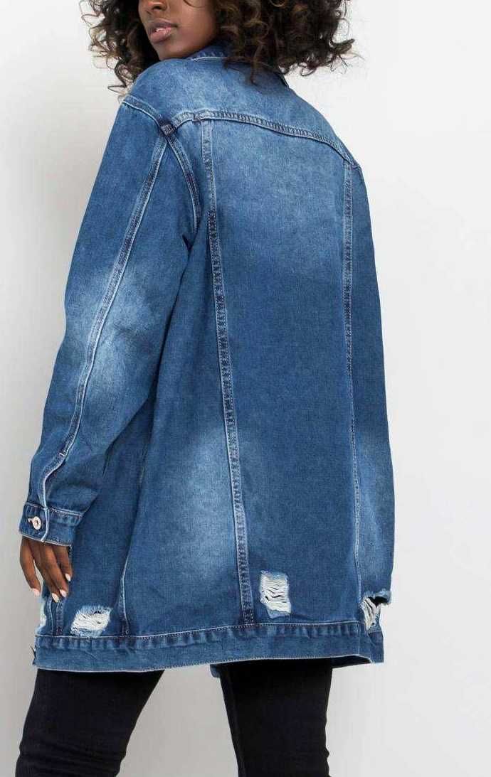 Stylowa długa kurtka jeansowa SHAVIT dziury przetarcia r. S/M