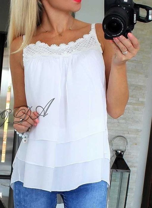Biała bluzka boho style falbanki ażurkowe kwiaty