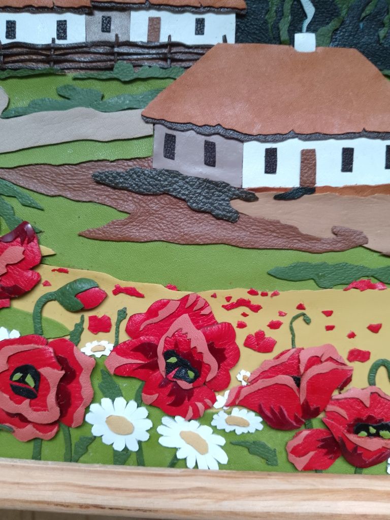 Объемная картина из кожи "Весеннее село"
