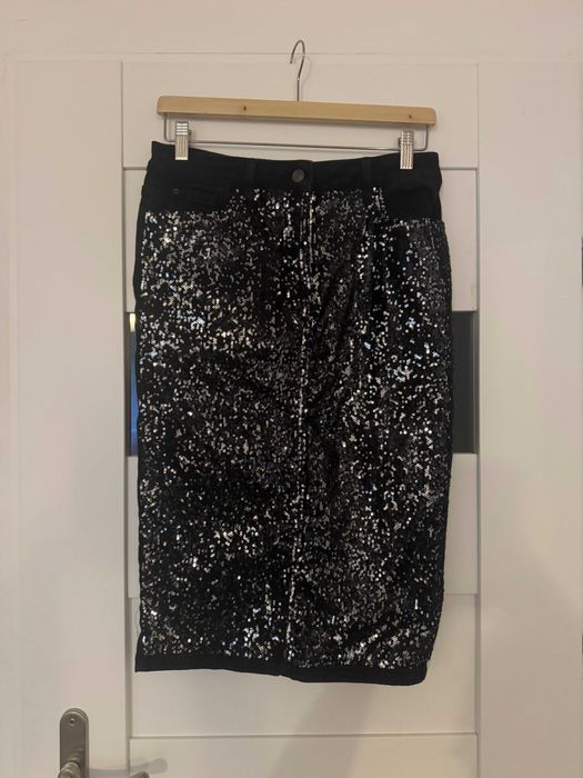 Jeansowa midi spódnica Next 10 38 M cekinowa metki jeans ołówkowa